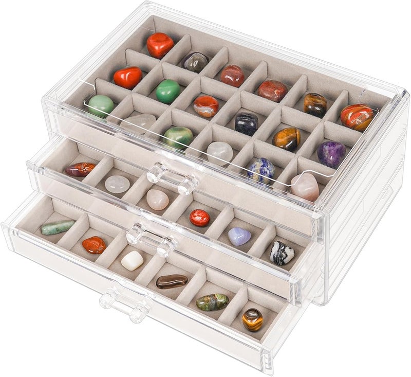 Bfttlity Acrylic Rock Display Case,54 Grids Rock Collection Box for Kids with Mini Magnifying Glass and Gloves, Clear Display Cases for Stones Collectibles Gemstone Crystals Storage Boxes - Image 1